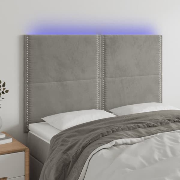 sengegavl med LED-lys 144x5x118/128 cm fløjl lysegrå