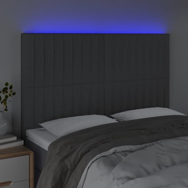 Sängyn pääty LED-valolla, tummanharmaa, 144x5x118/128 cm, kangas