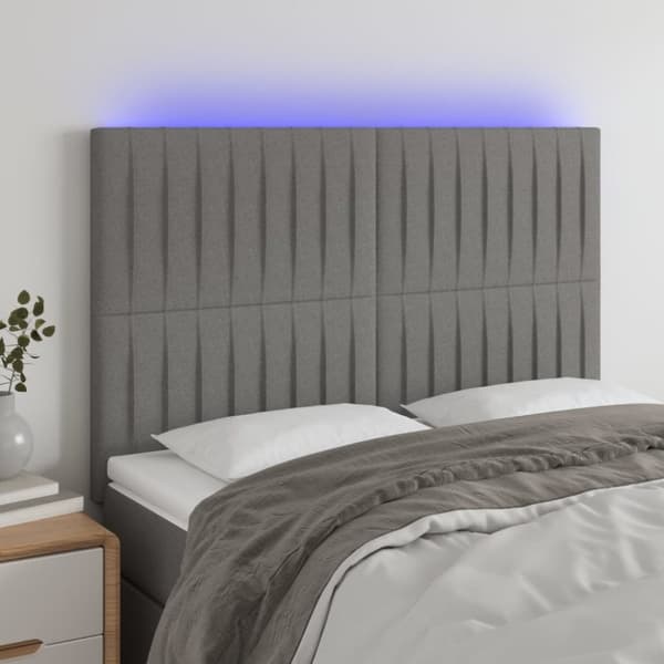 sengegavl med LED-lys 144x5x118/128 cm stof mørkegrå