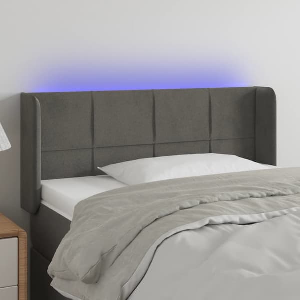 sengegavl med LED-lys 83x16x78/88 cm fløjl mørkegrå
