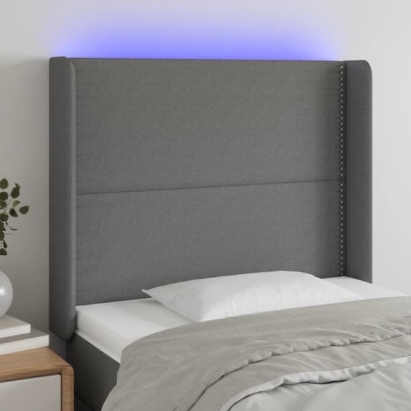 sengegavl med LED-lys 93x16x118/128 cm stof mørkegrå