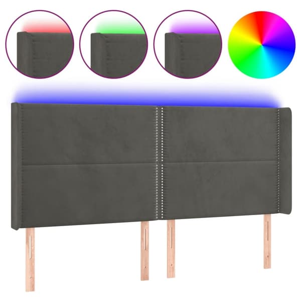 sengegavl med LED-lys 163x16x118/128 cm fløjl mørkegrå