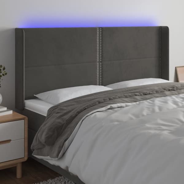 sengegavl med LED-lys 163x16x118/128 cm fløjl mørkegrå