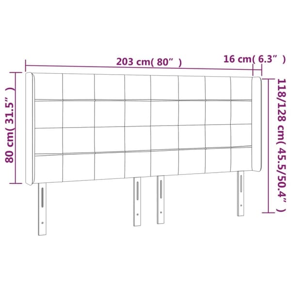 sengegavl med LED-lys 203x16x118/128 cm fløjl lysegrå