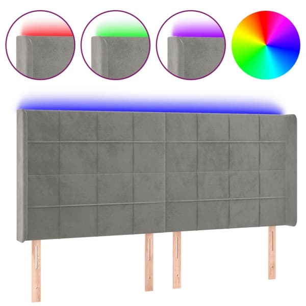 sengegavl med LED-lys 203x16x118/128 cm fløjl lysegrå