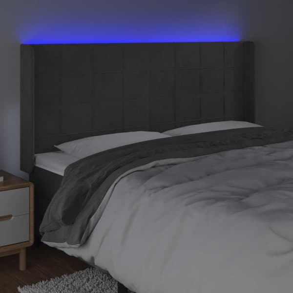sengegavl med LED-lys 183x16x118/128 cm fløjl mørkegrå