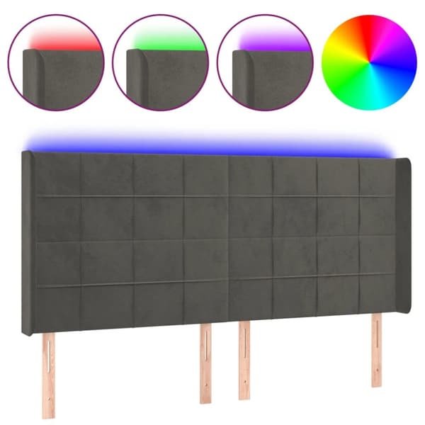 sengegavl med LED-lys 183x16x118/128 cm fløjl mørkegrå