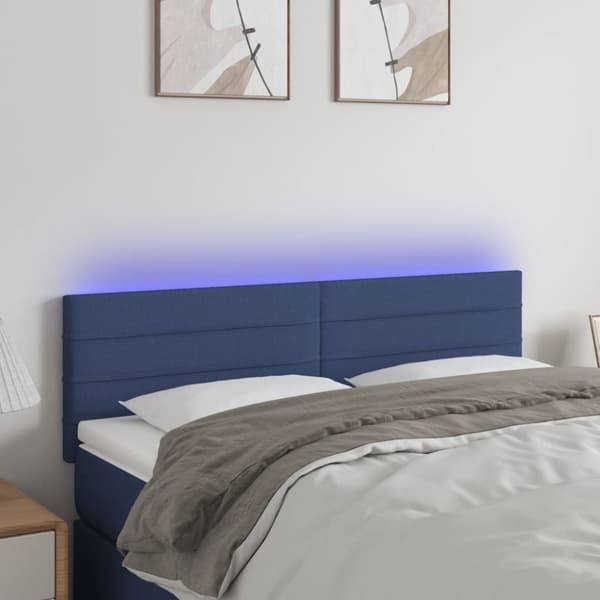 Sängyn pääty LED-valolla, sininen, 144x5x78/88 cm, kangas