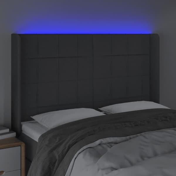 Sängyn pääty LED-valolla, tummanharmaa, 147x16x118/128cm, kangas