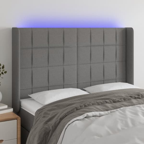 Sängyn pääty LED-valolla, tummanharmaa, 147x16x118/128cm, kangas