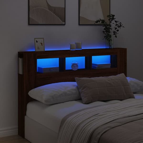 sengegavl m. LED-lys 160x18,5x103,5 cm konstrueret træ brunt eg