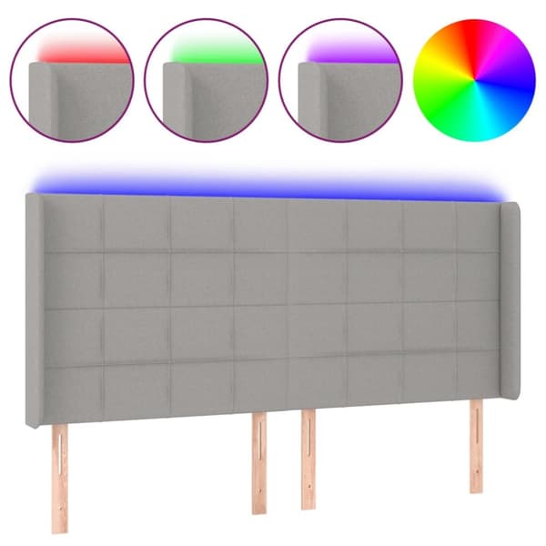 sengegavl med LED-lys 183x16x118/128 cm stof lysegrå