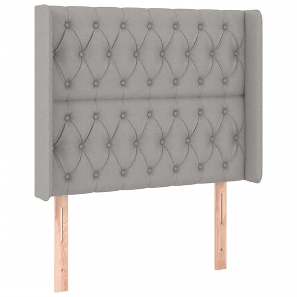 sengegavl med LED-lys 93x16x118/128 cm stof lysegrå