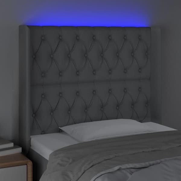sengegavl med LED-lys 93x16x118/128 cm stof lysegrå