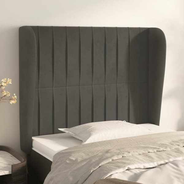 sengegavl med kanter 103x23x118/128 cm fløjl mørkegrå