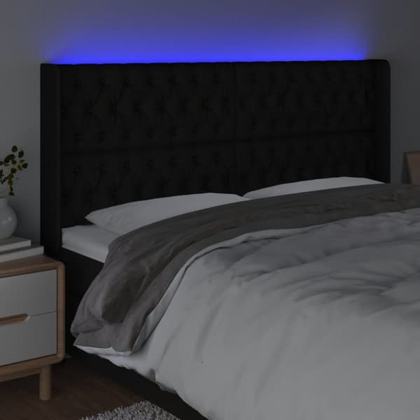 sengegavl med LED-lys 203x16x118/128 cm stof sort