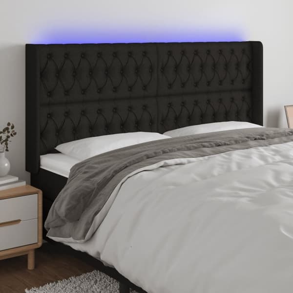 sengegavl med LED-lys 203x16x118/128 cm stof sort