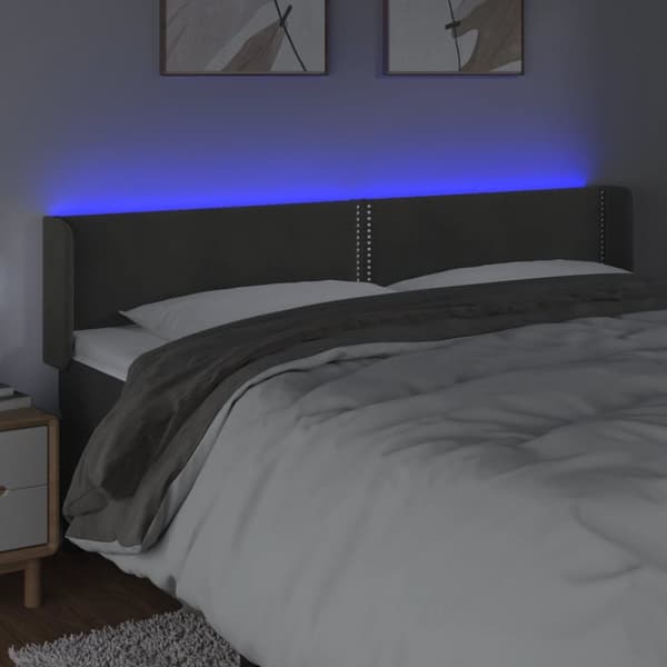 sengegavl med LED-lys 203x16x78/88 cm fløjl mørkegrå