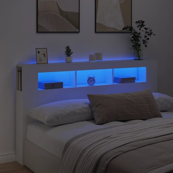sengegavl med LED-lys 180x18,5x103,5 cm konstrueret træ hvid
