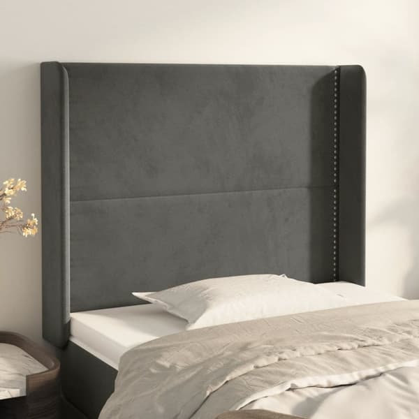 sengegavl med kanter 83x16x118/128 cm fløjl mørkegrå