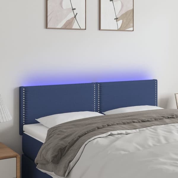 sengegavl med LED-lys 144x5x78/88 cm stof blå
