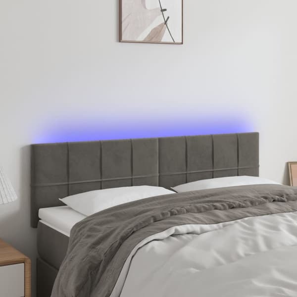 sengegavl med LED-lys 144x5x78/88 cm fløjl mørkegrå