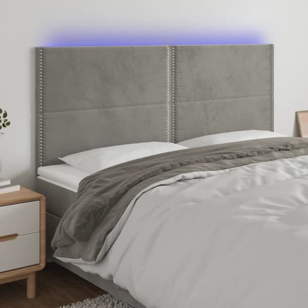 sengegavl med LED-lys 160x5x118/128 cm fløjl lysegrå