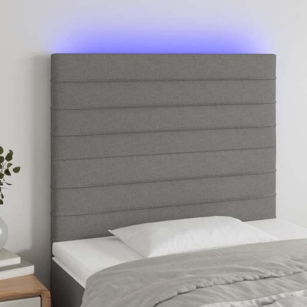 sengegavl med LED-lys 80x5x118/128 cm stof mørkegrå