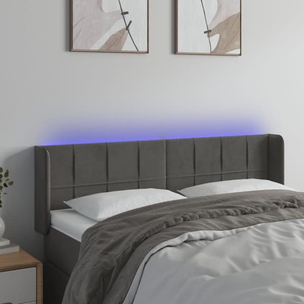 sengegavl med LED-lys 147x16x78/88 cm fløjl mørkegrå