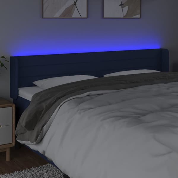 sengegavl med LED-lys 203x16x78/88 cm stof blå