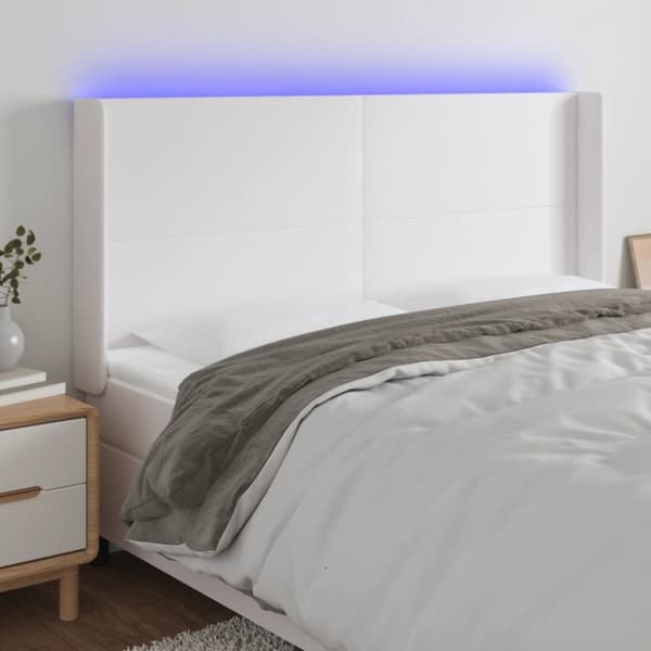 sengegavl med LED-lys 163x16x118/128 cm kunstlæder hvid