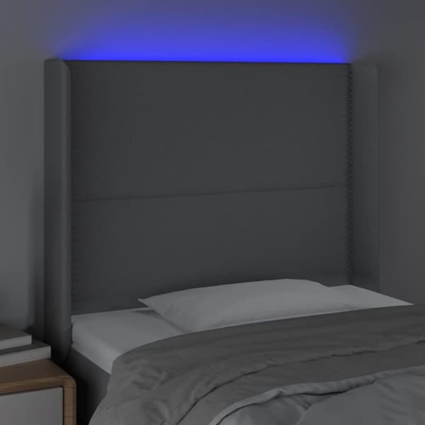 Sängyn pääty LED-valolla, vaaleanharmaa, 93x16x118/128 cm, kangas