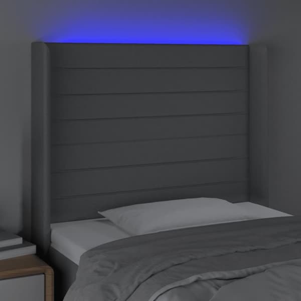 sengegavl med LED-lys 93x16x118/128 cm stof lysegrå