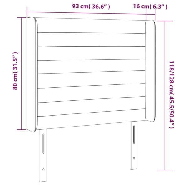 sengegavl med LED-lys 93x16x118/128 cm stof lysegrå