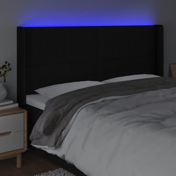 Sängyn pääty LED-valolla, musta, 203x16x118/128 cm, kangas
