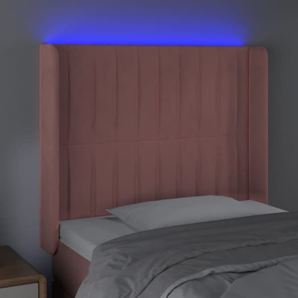 sengegavl med LED-lys 93x16x118/128 cm fløjl lyserød