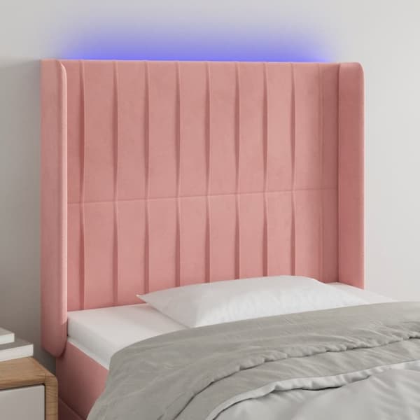 sengegavl med LED-lys 93x16x118/128 cm fløjl lyserød