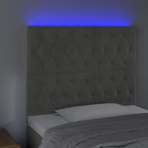 sengegavl med LED-lys 100x7x118/128 cm fløjl lysegrå