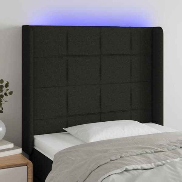 sengegavl med LED-lys 103x16x118/128 cm stof sort