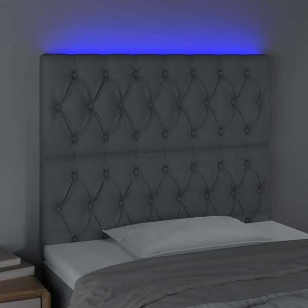 sengegavl med LED-lys 100x7x118/128 cm stof lysegrå