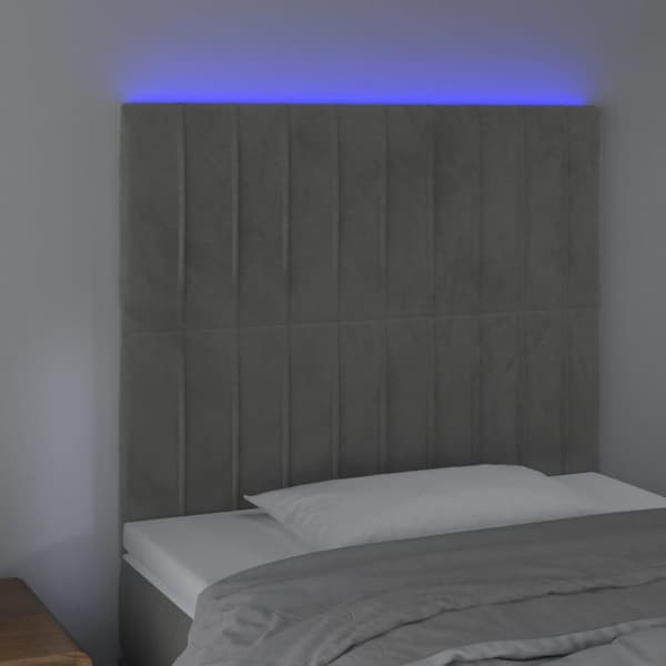sengegavl med LED-lys 100x5x118/128 cm fløjl lysegrå