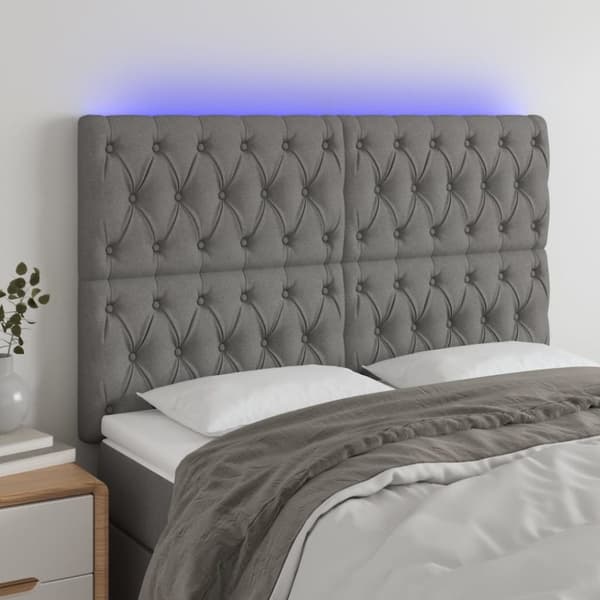 Sängyn pääty LED-valolla, tummanharmaa, 160x7x118/128 cm, kangas