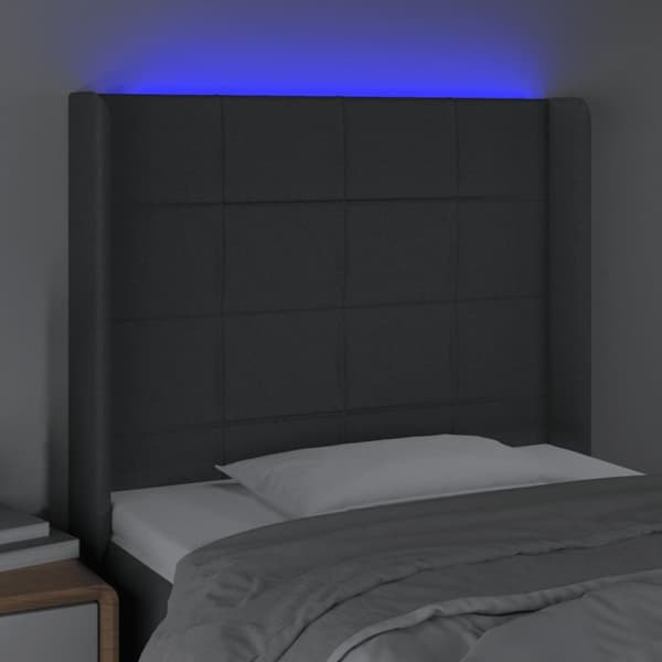 sengegavl med LED-lys 83x16x118/128 cm stof mørkegrå