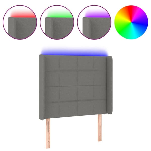 sengegavl med LED-lys 83x16x118/128 cm stof mørkegrå