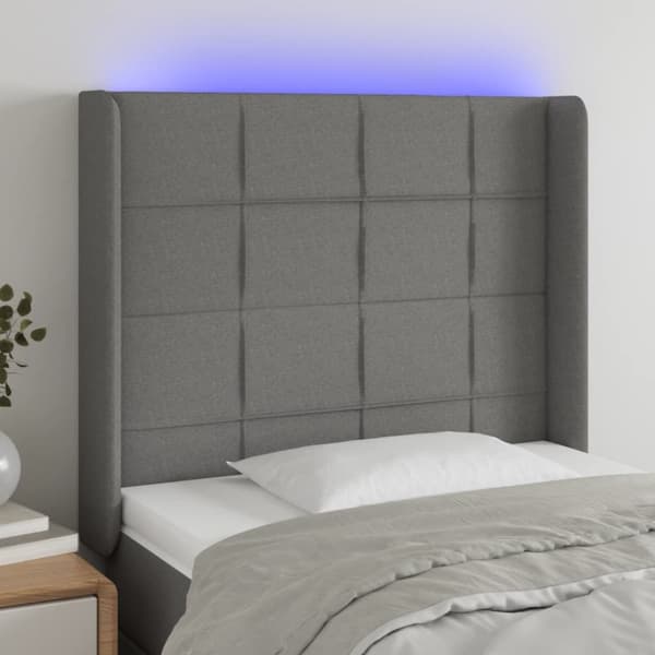 sengegavl med LED-lys 83x16x118/128 cm stof mørkegrå