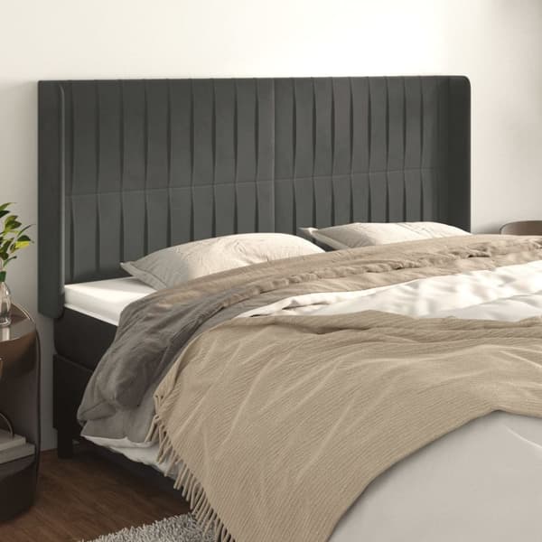 sengegavl med kanter 163x16x118/128 cm fløjl mørkegrå