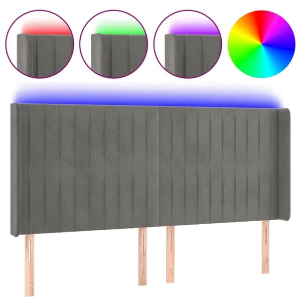 sengegavl med LED-lys 203x16x118/128 cm fløjl lysegrå