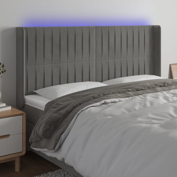 sengegavl med LED-lys 203x16x118/128 cm fløjl lysegrå