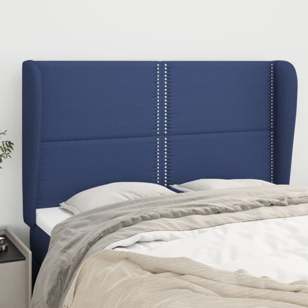 sengegavl med kanter 147x23x118/128 cm stof blå