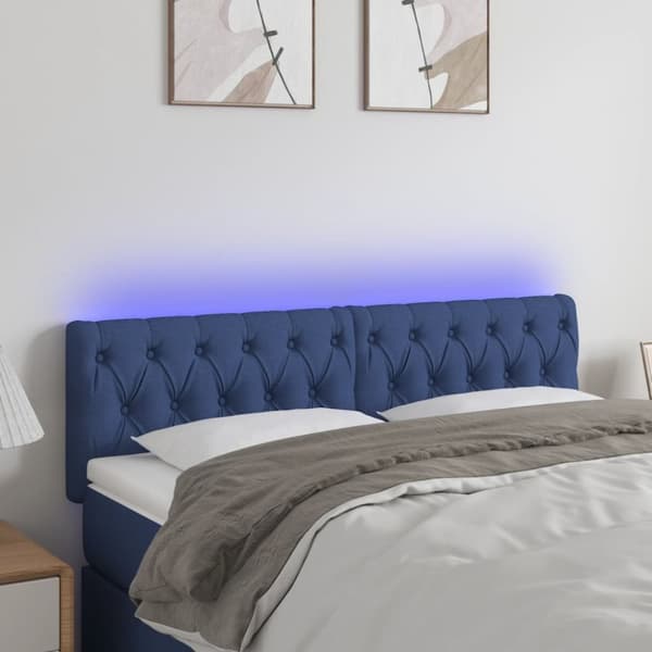 sengegavl med LED-lys 144x7x78/88 cm stof blå